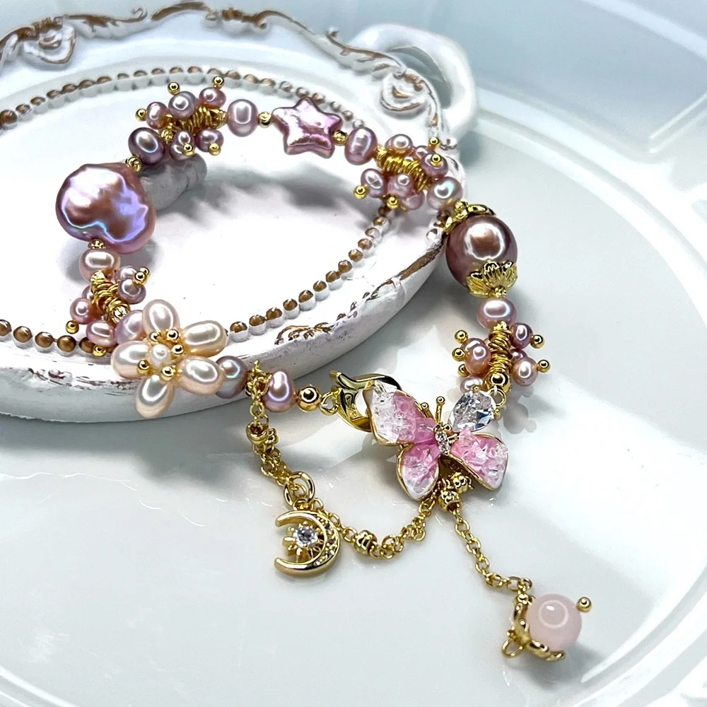 Handmade Freshwater Edison Heart ❤️ Star ⭐️ Butterfly 🦋 Pearl Flower 🌺 Bracelet - Picture 2 of 3
